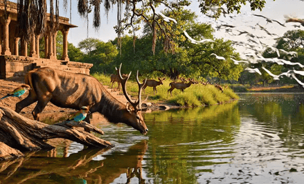 Tiger near the water's edge at sunset
